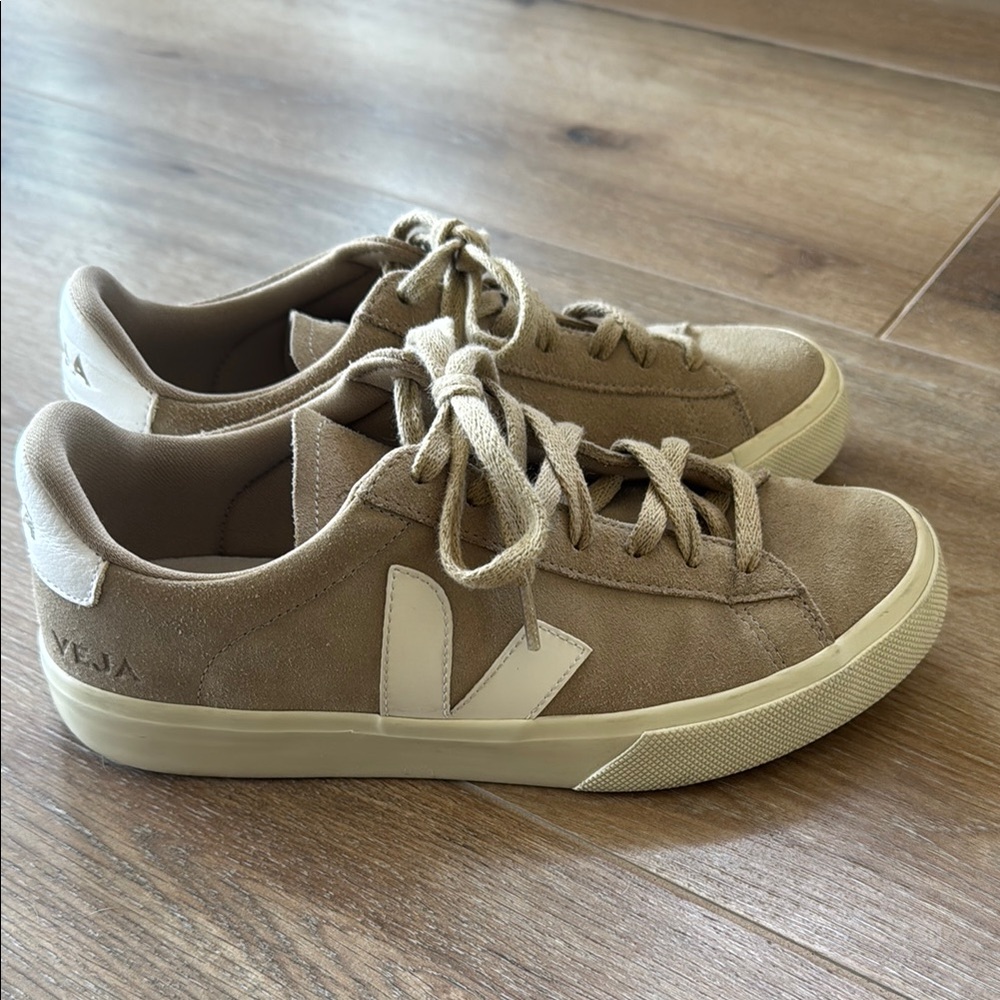 Veja Beige Suede Sneakers with White Logo